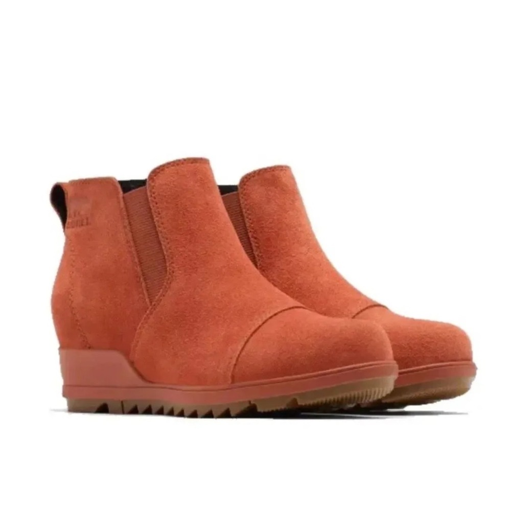 SOREL Evie Pull Boots Suede Wedge Booties Warp Red Orange Womens Size 8 NEW